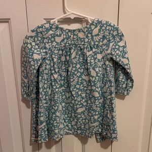 Baby Boden Aqua Floral & Bird Long Sleeve Peasant Dress